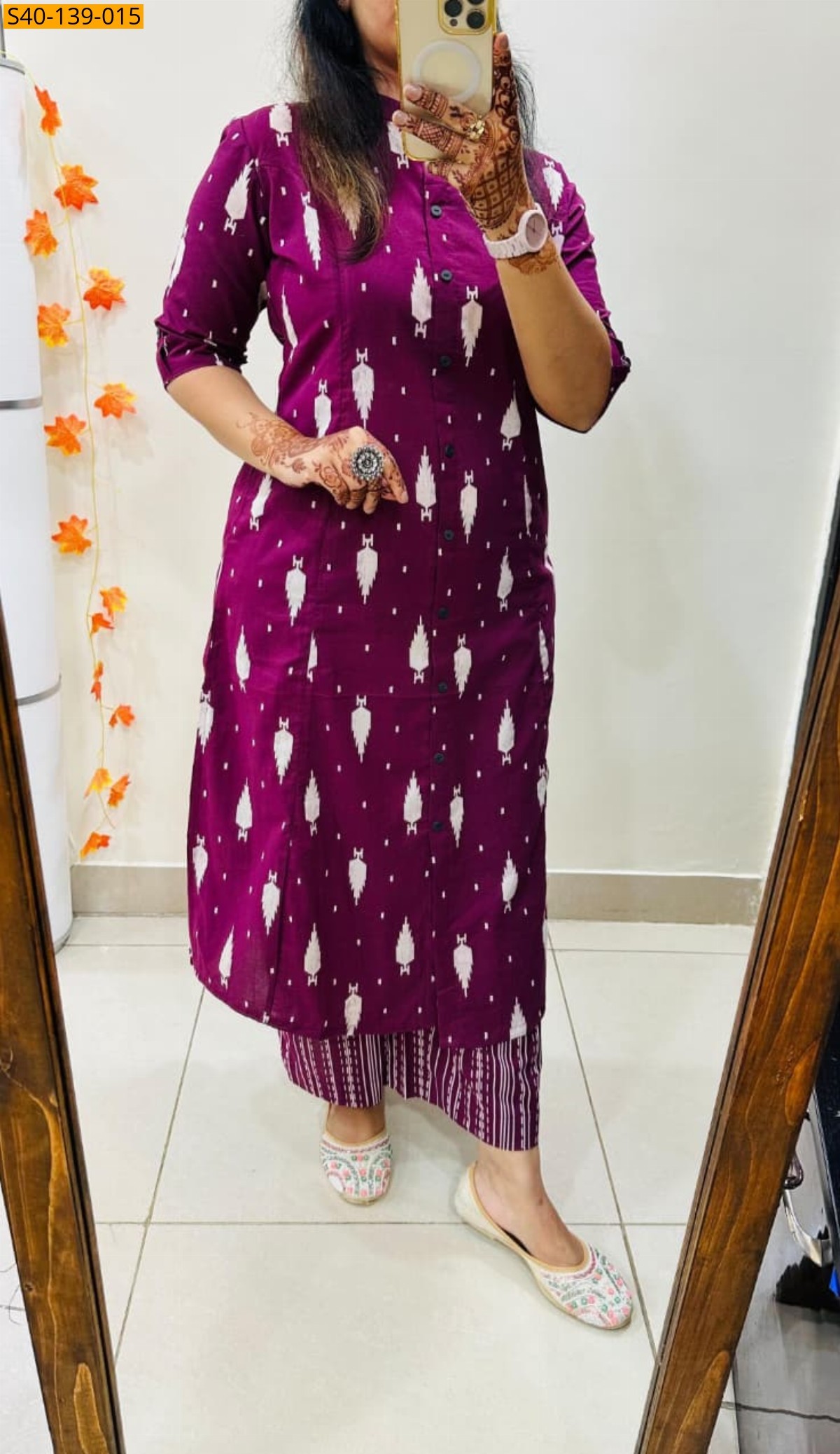 Wine Fancy Aline cotton Kurti set