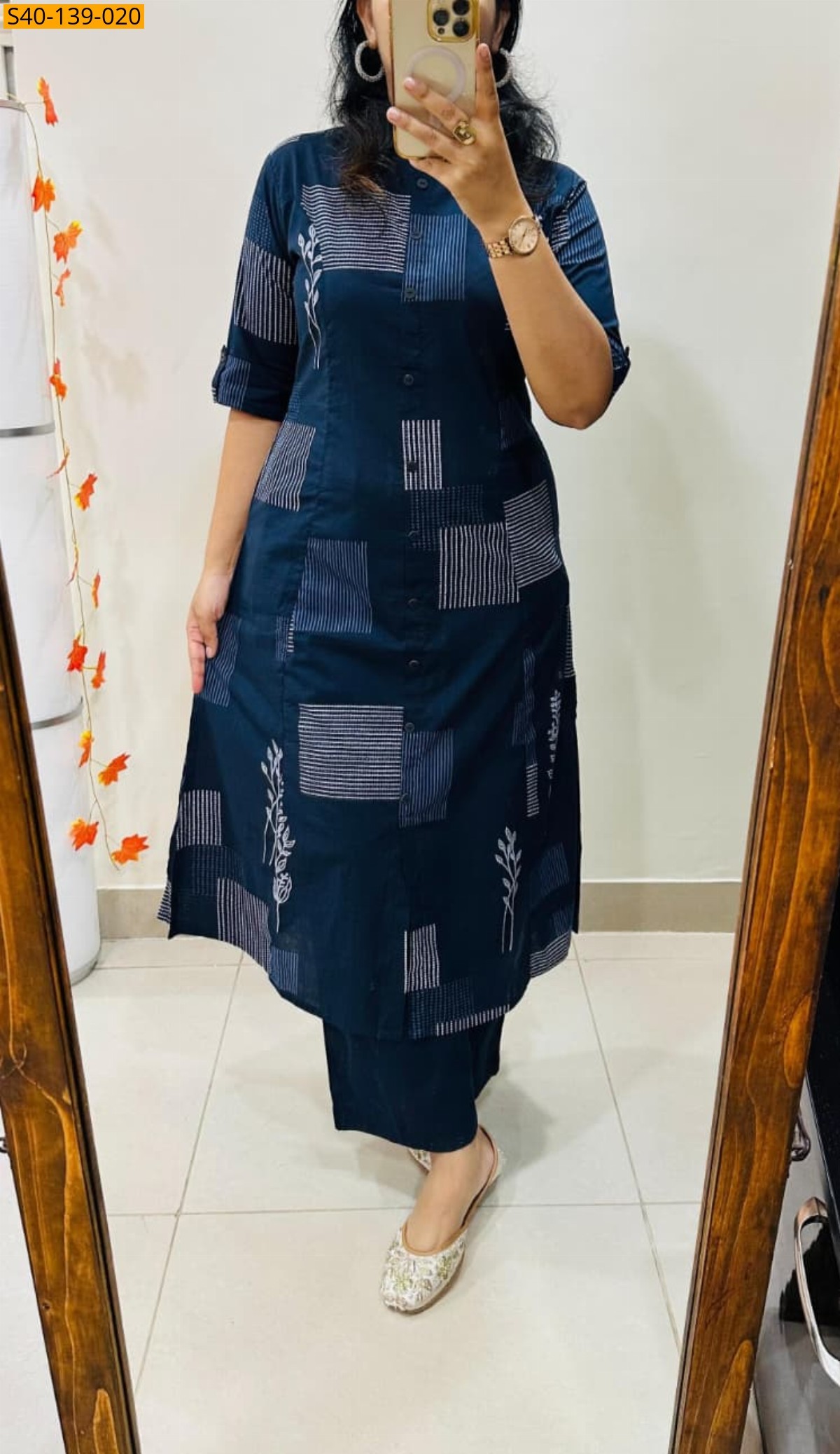 Navy Fancy Aline cotton Kurti set