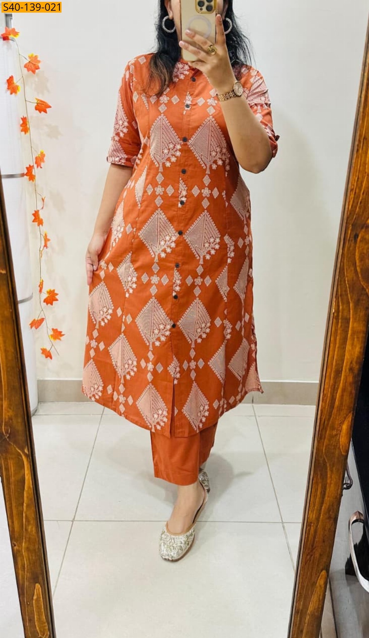 Orange Fancy Aline cotton Kurti set