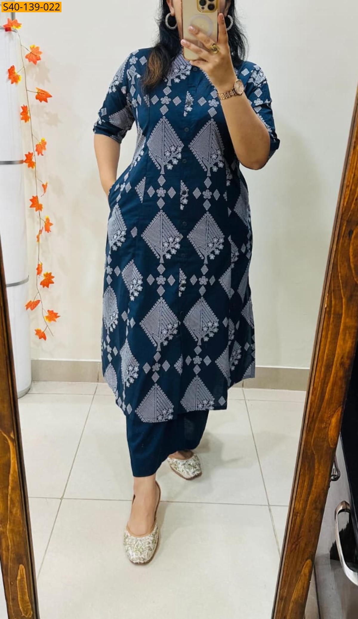 Navy Fancy Aline cotton Kurti set