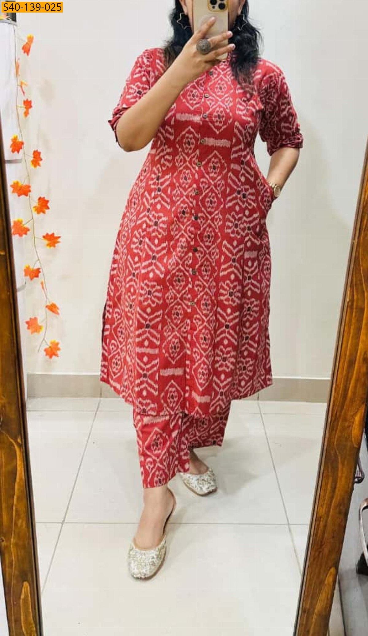 Red Fancy Aline cotton Kurti set
