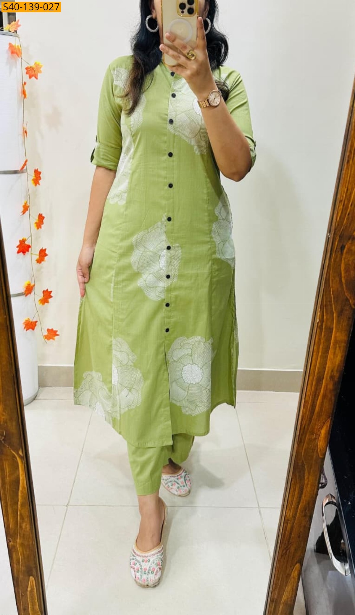 Green Fancy Aline cotton Kurti set