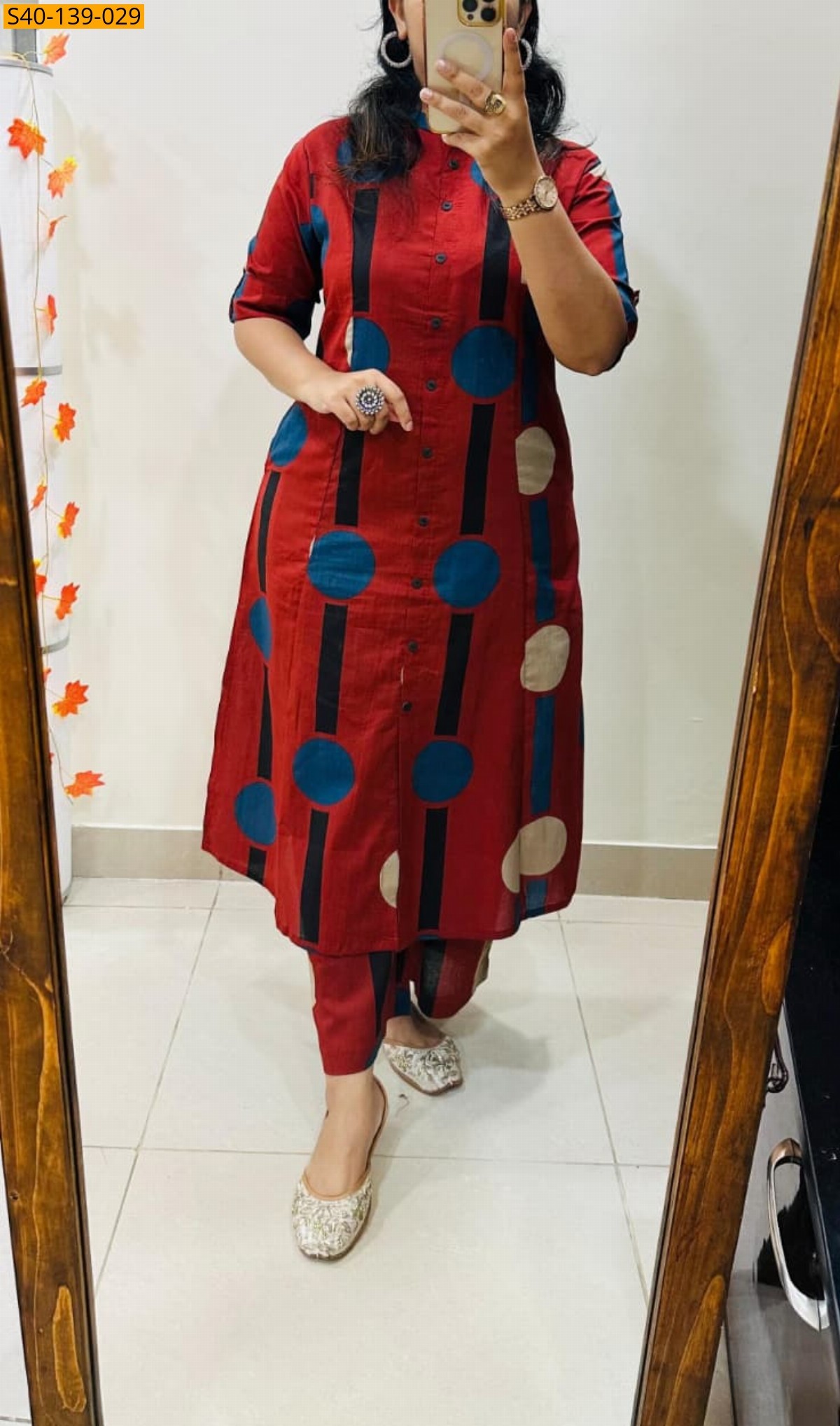 Red Fancy Aline cotton Kurti set