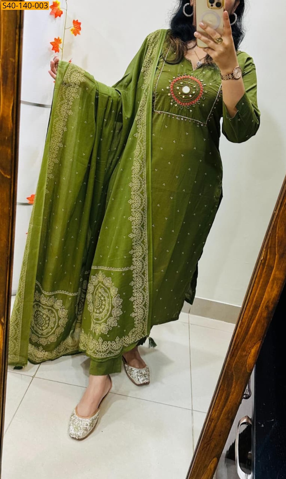 Green Fancy Dhabu Cotton Aline Suit 3pcs set