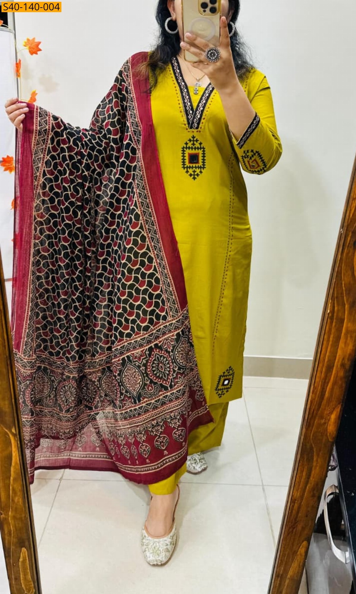 Mustard Fancy Dhabu Cotton Aline Suit 3pcs set