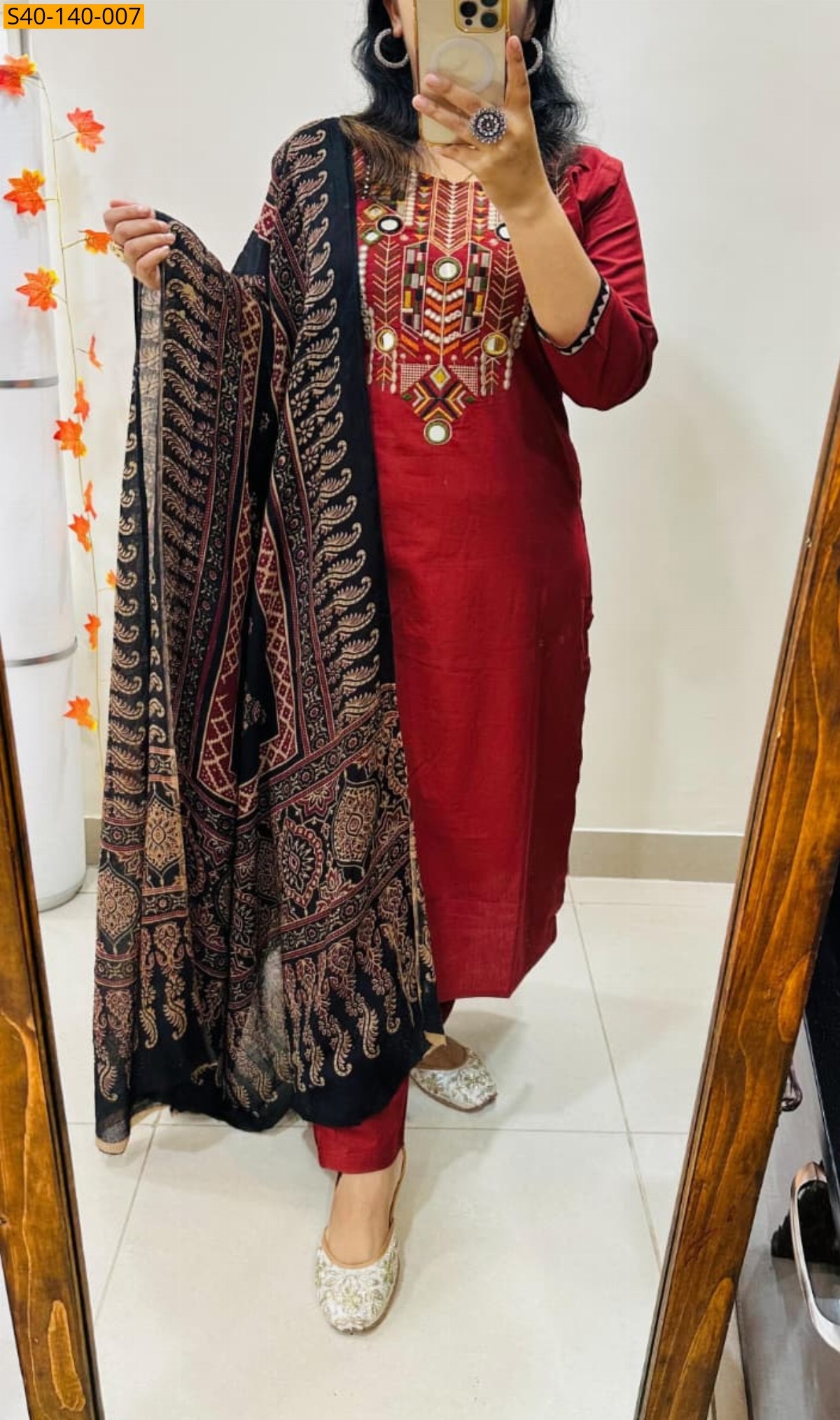 Red Fancy Dhabu Cotton 3 piece suit set
