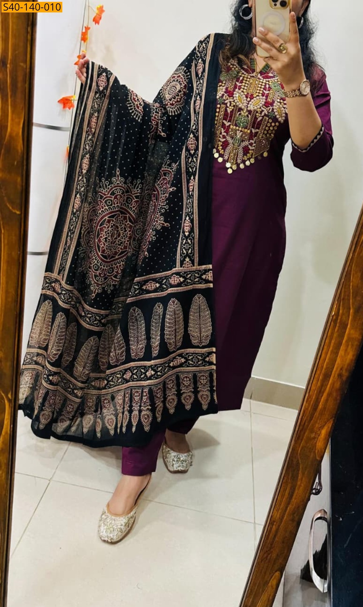 Wine Fancy Dhabu Cotton 3 piece suit set