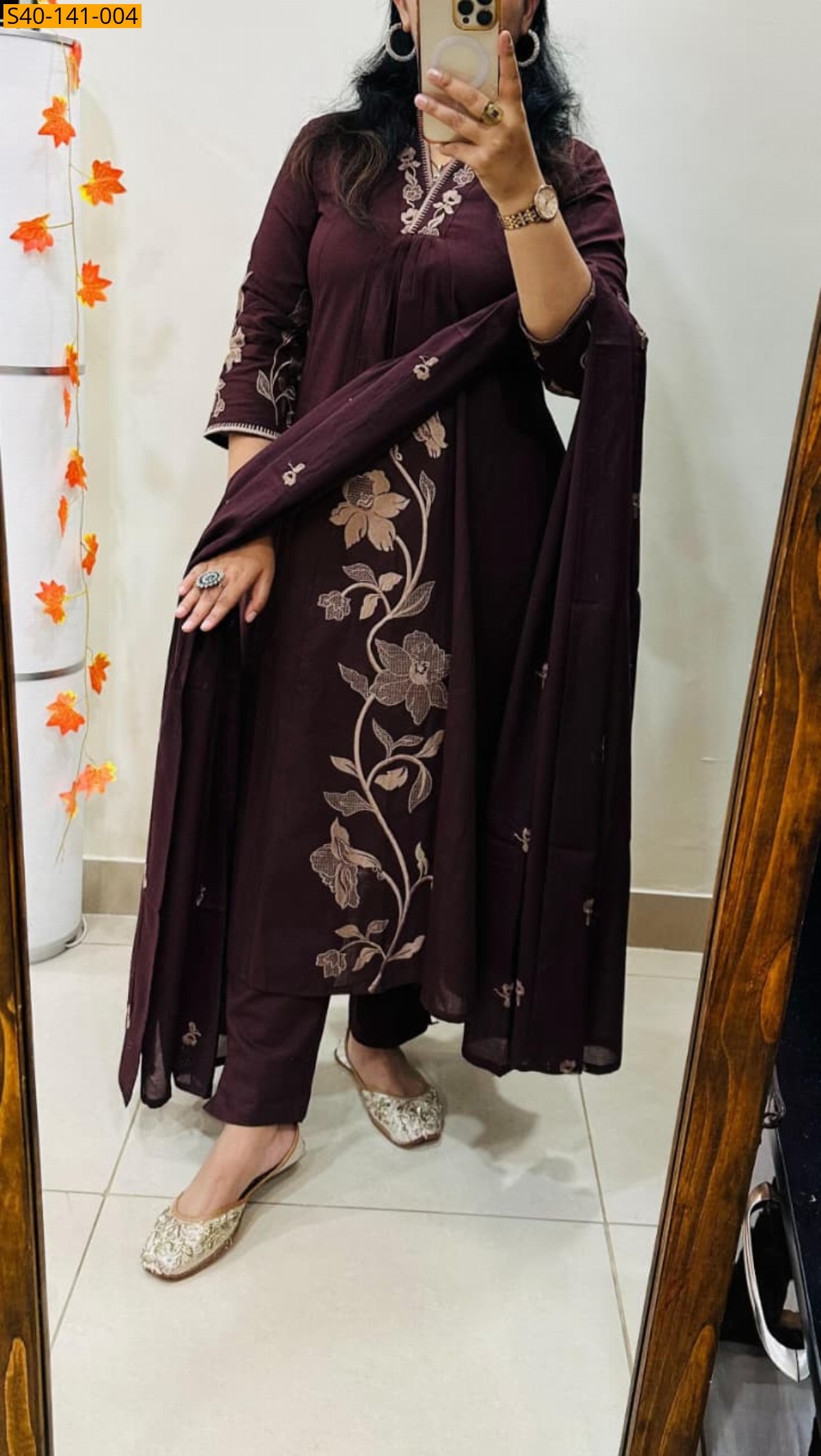 Wine Fancy Cotton Kurti Pant Dupatta Set