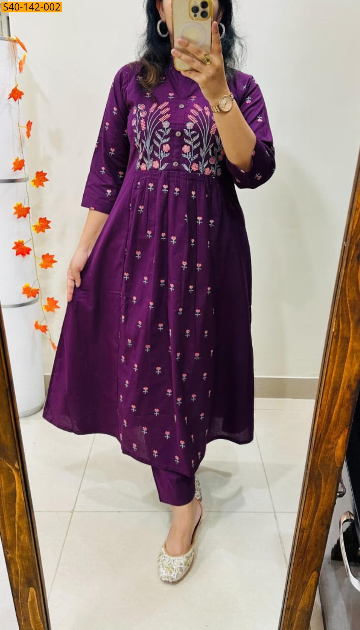 Purple Fancy cotton flex embroidery kurti pant set