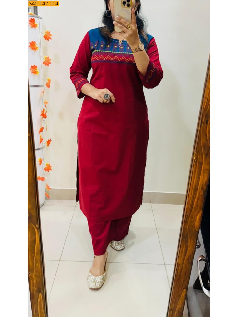 Maroon Fancy cotton flex embroidery kurti pant set  Maroon Fancy cotton flex embroidery kurti pant set