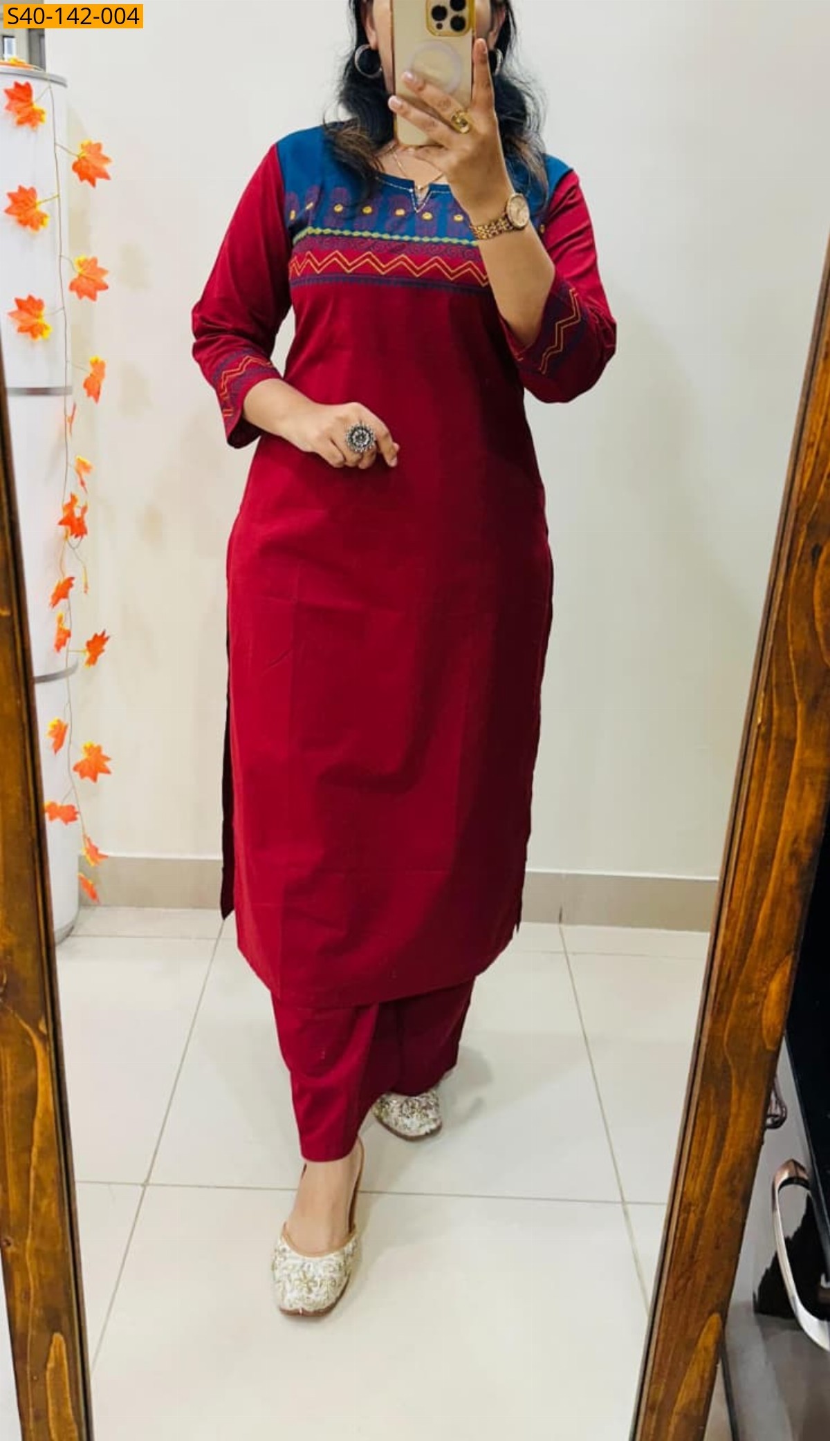 Maroon Fancy cotton flex embroidery kurti pant set 
