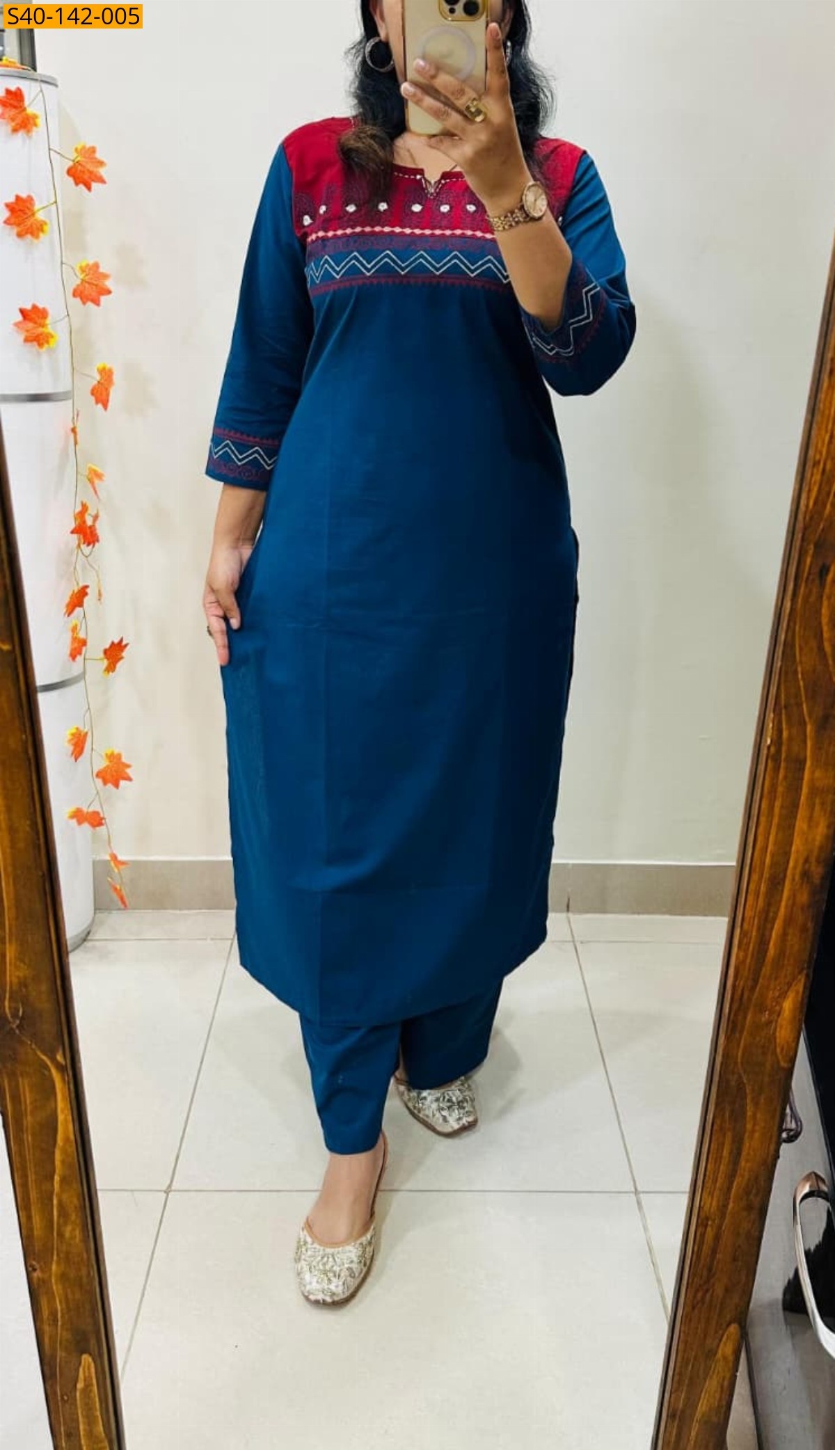 Blue Fancy cotton flex embroidery kurti pant set 