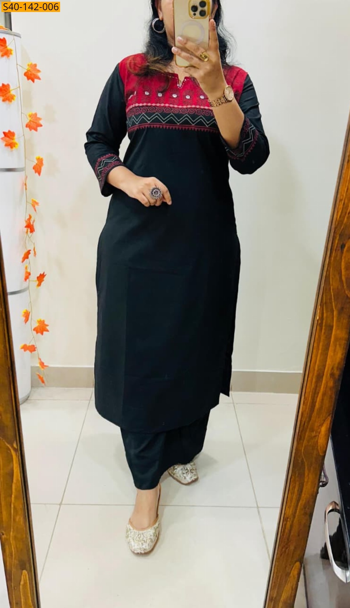 Black Fancy cotton flex embroidery kurti pant set 