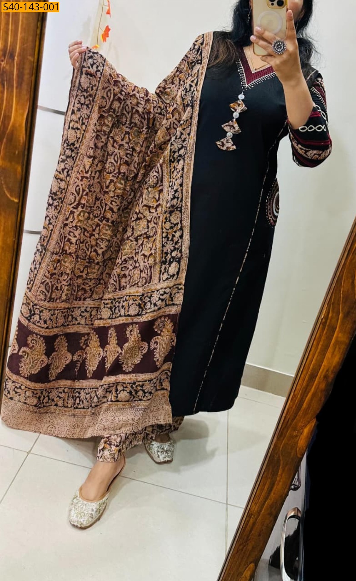 Black Fancy Kalamkari Dhabu Cotton 3 piece suit set