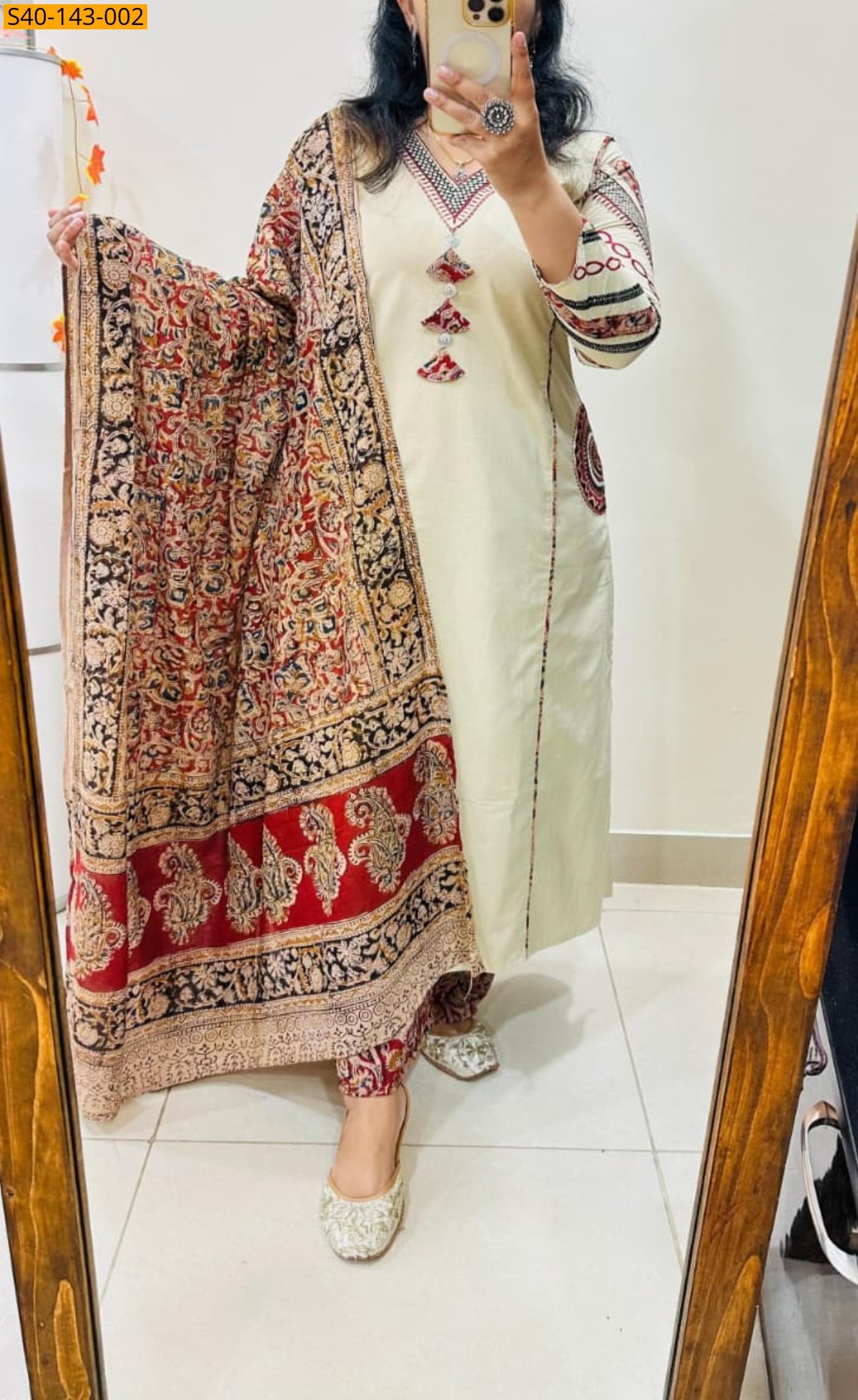 Half white Fancy Kalamkari Dhabu Cotton 3 piece suit set