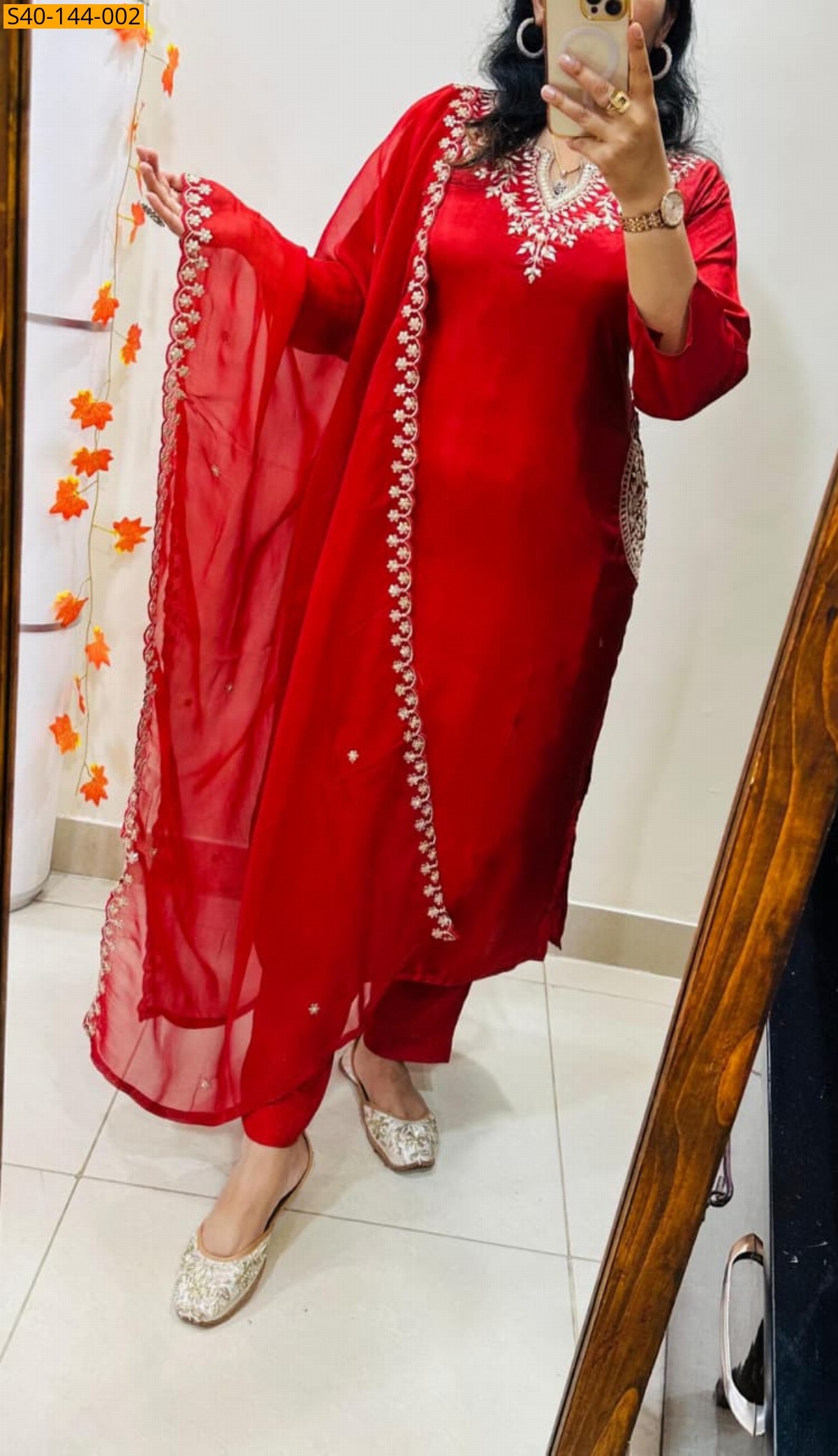 Red Fancy Roman Silk Festive 3 piece suit set