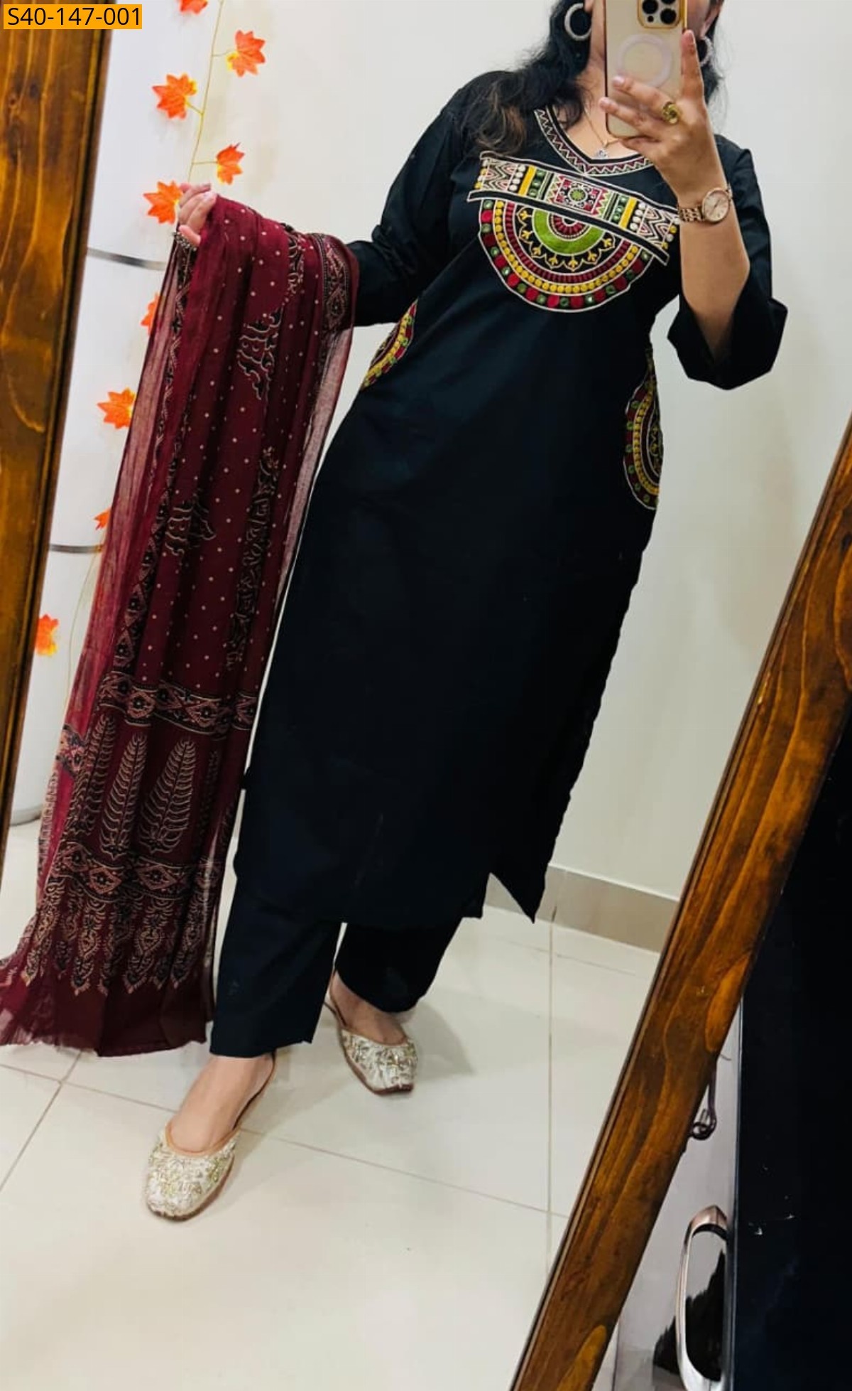 Black Fancy Cotton kurti pant dupatta Set