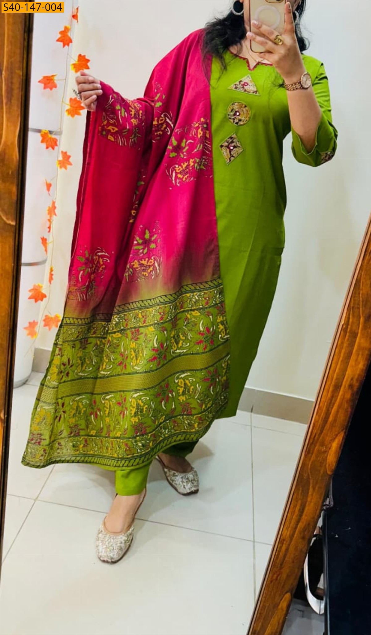 Green Fancy Dhabu Cotton kurti pant dupatta Set