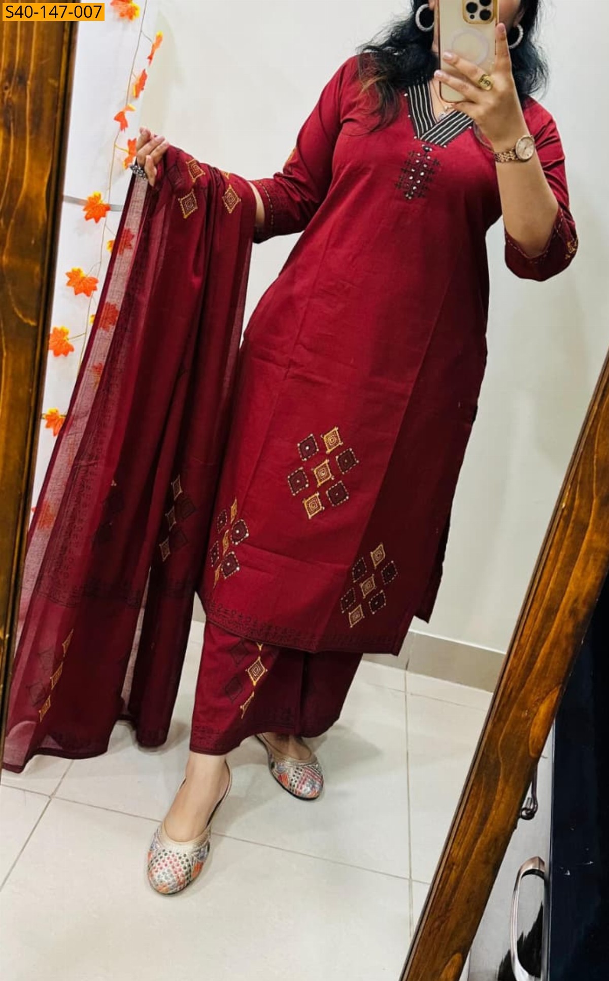 Maroon Fancy Dhabu Cotton kurti pant dupatta Set