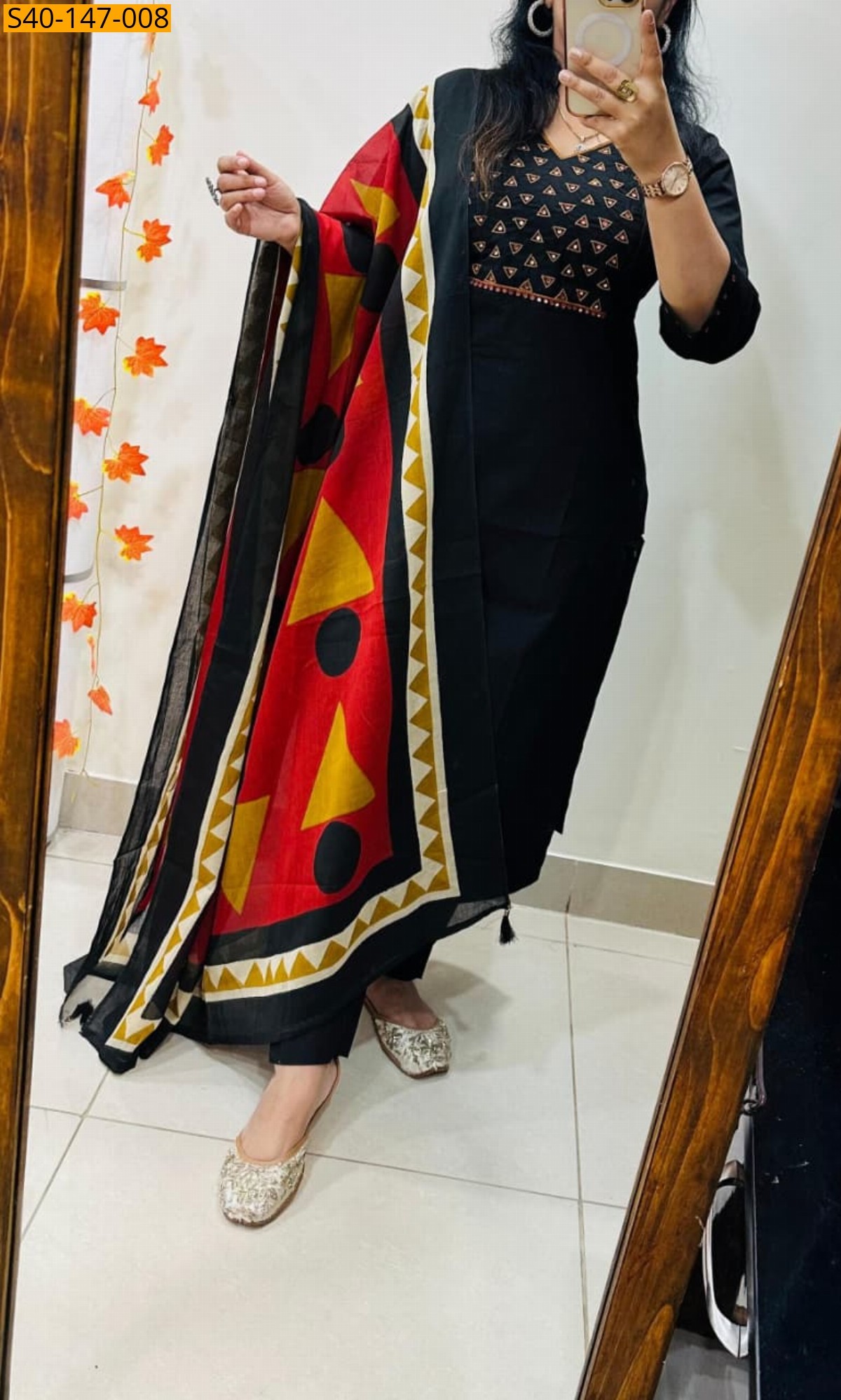 Black Fancy Dhabu Cotton kurti pant dupatta Set