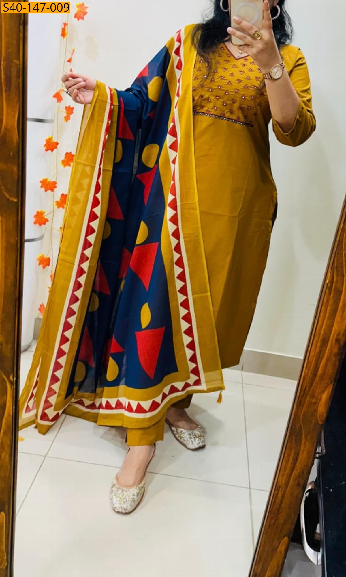 Mustard Fancy Dhabu Cotton kurti pant dupatta Set