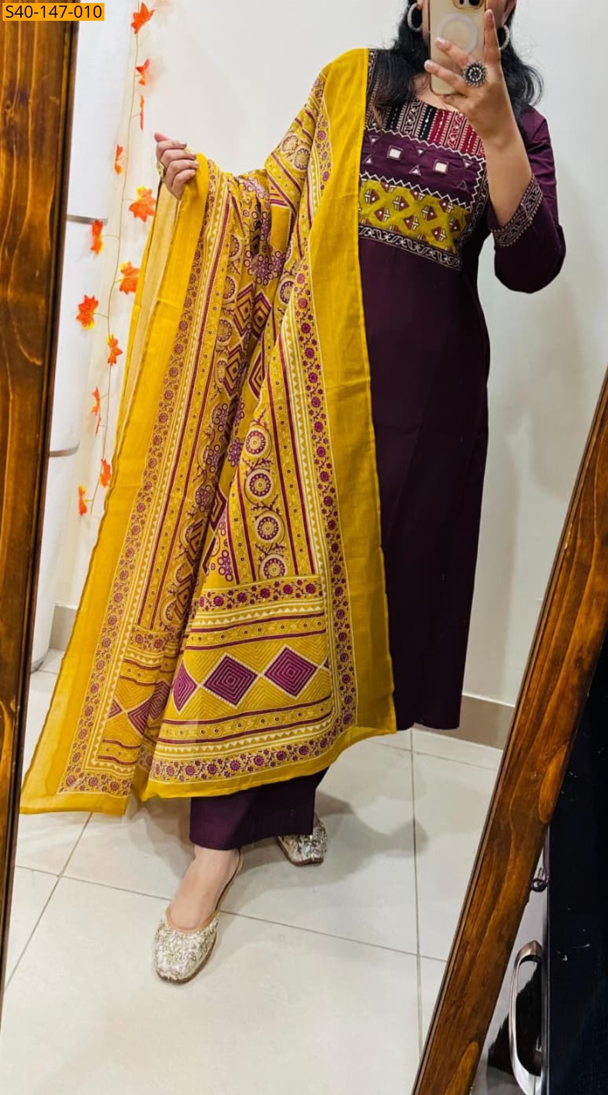 Fancy Dhabu Cotton kurti pant dupatta Set - Maroon