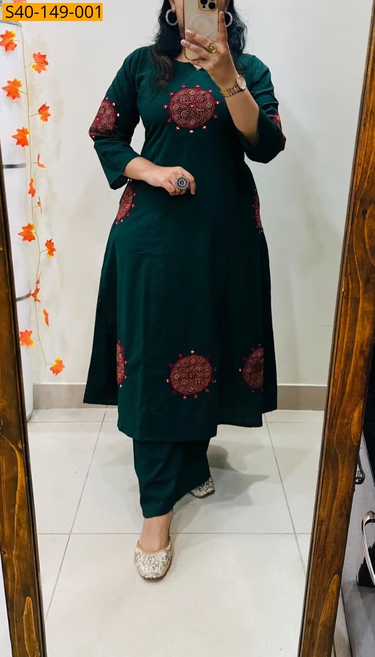 Green Dhabu Cotton Aline Kurti Palazzo Set