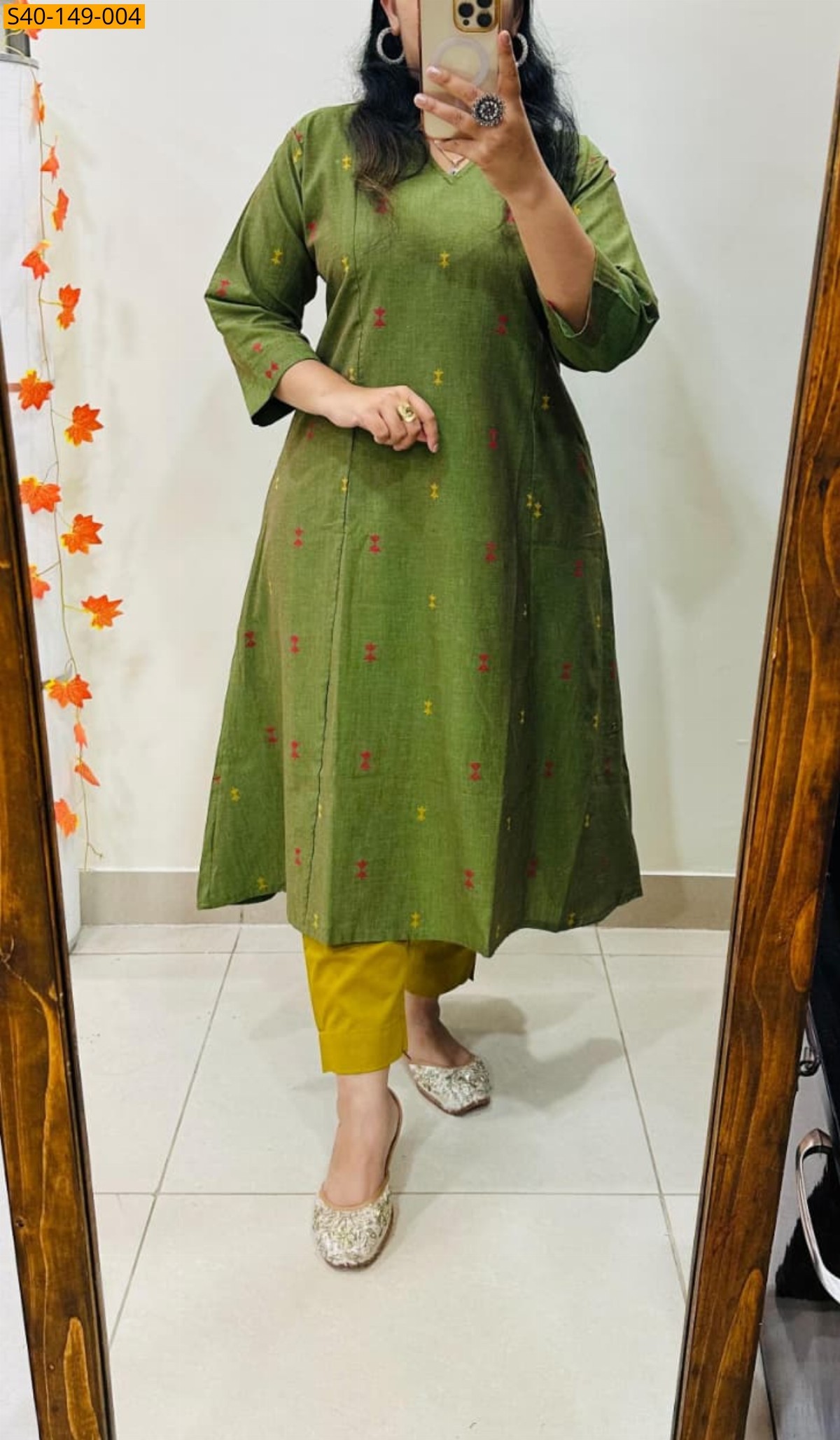 Green Fancy Cotton Aline Kurti and Pant
