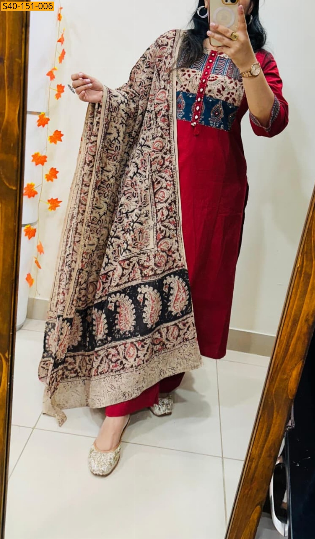 Red Fancy Dhabu Cotton Kurti  Palazzo duppatta  Set