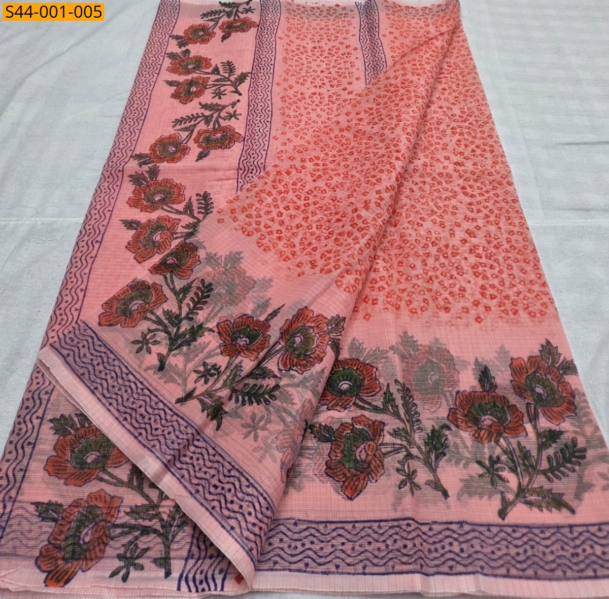 Peach Fancy Kota Hand block printed sarees