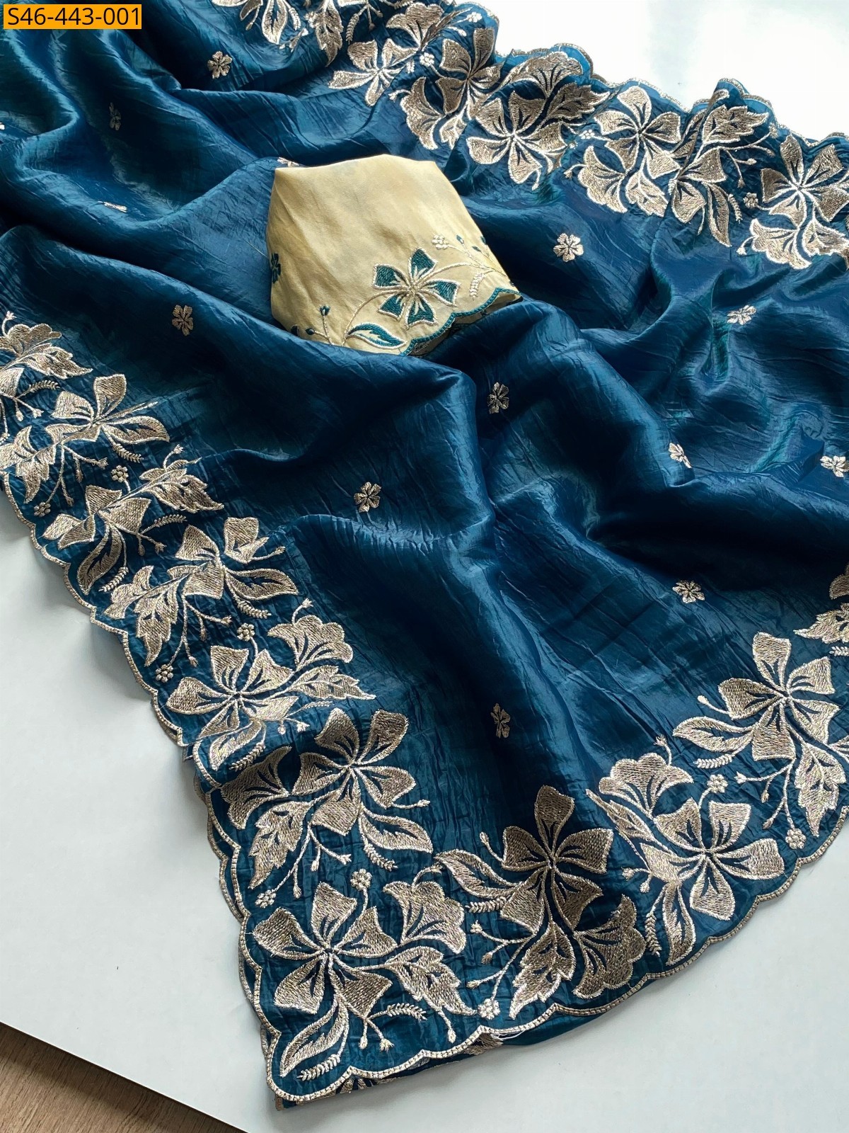 Blue Fancy Crush silk embroidery sarees 
