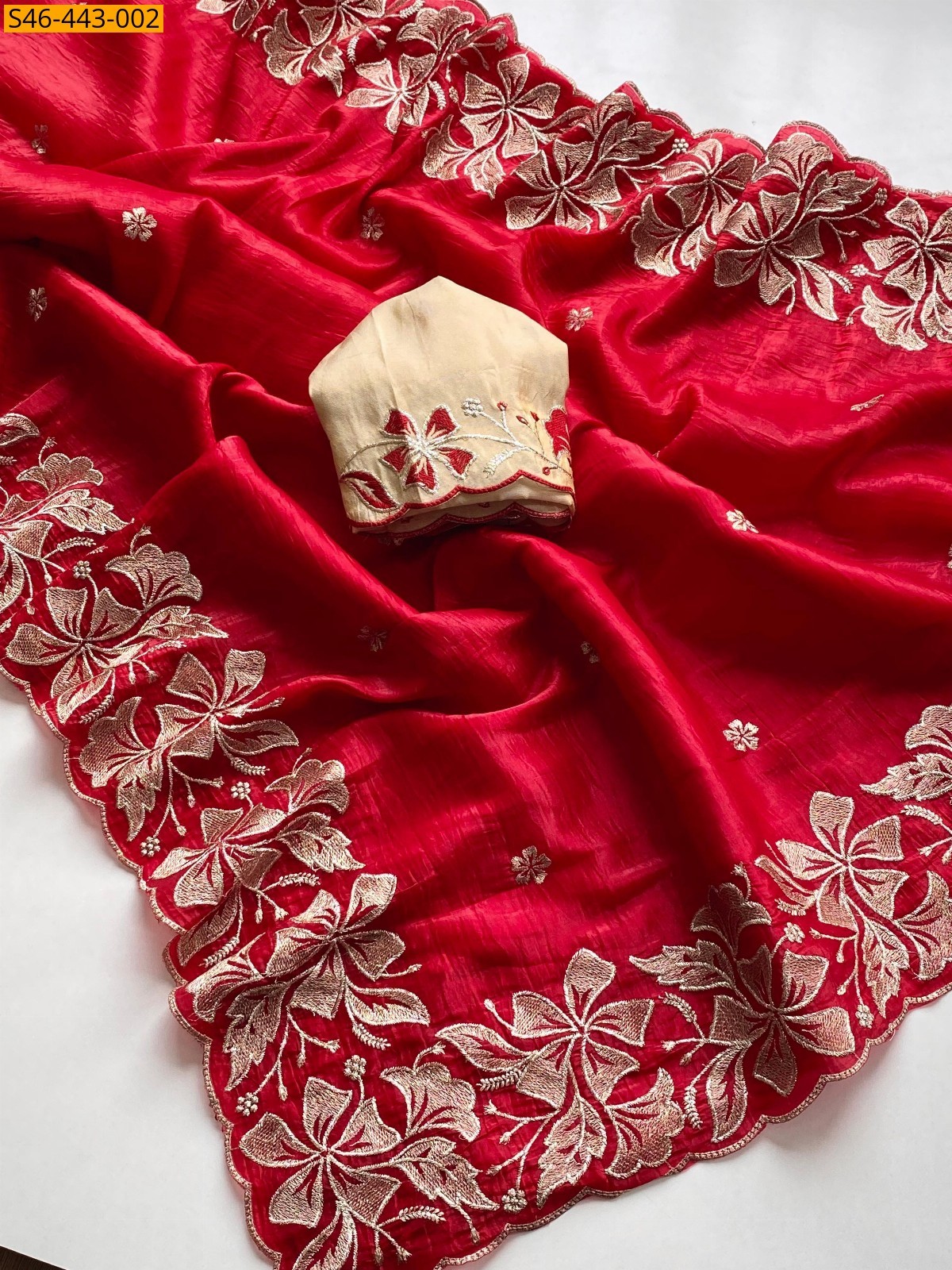 Red Fancy Crush silk embroidery sarees 
