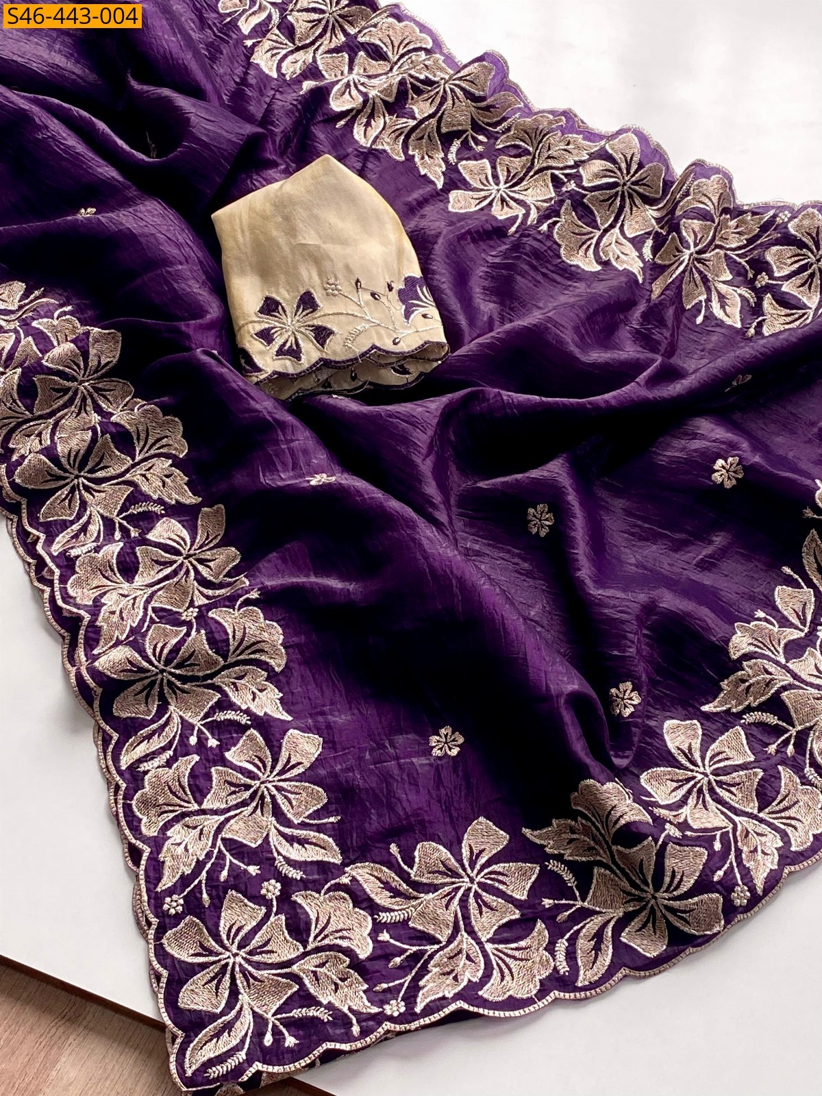 Violet Fancy Crush silk embroidery sarees 