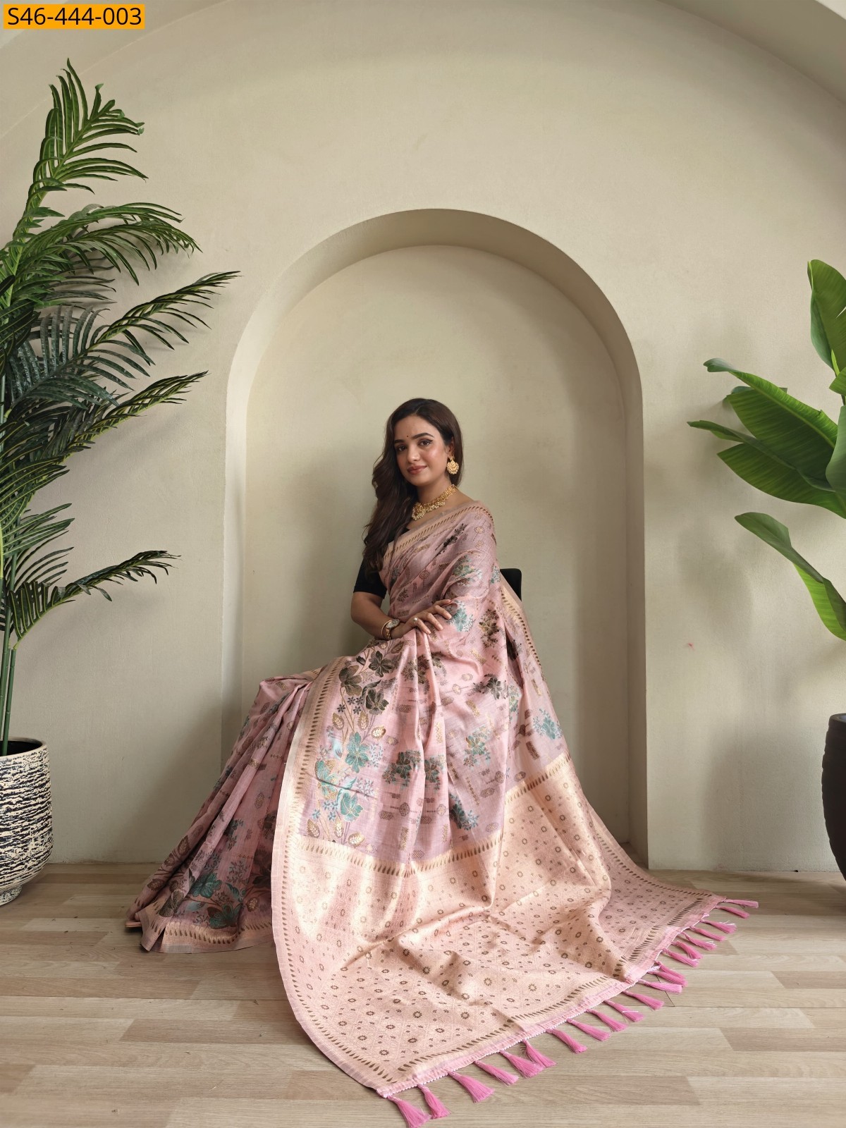 Pink Pure muga cotton Blend Saree