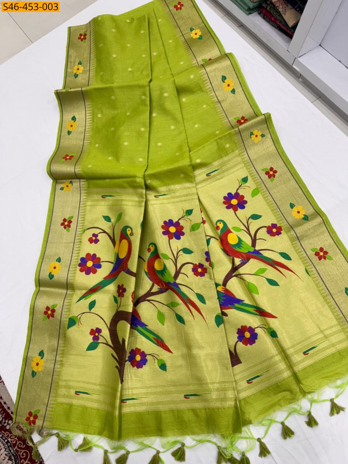 Parrot green Khadi Raw silk Saree
