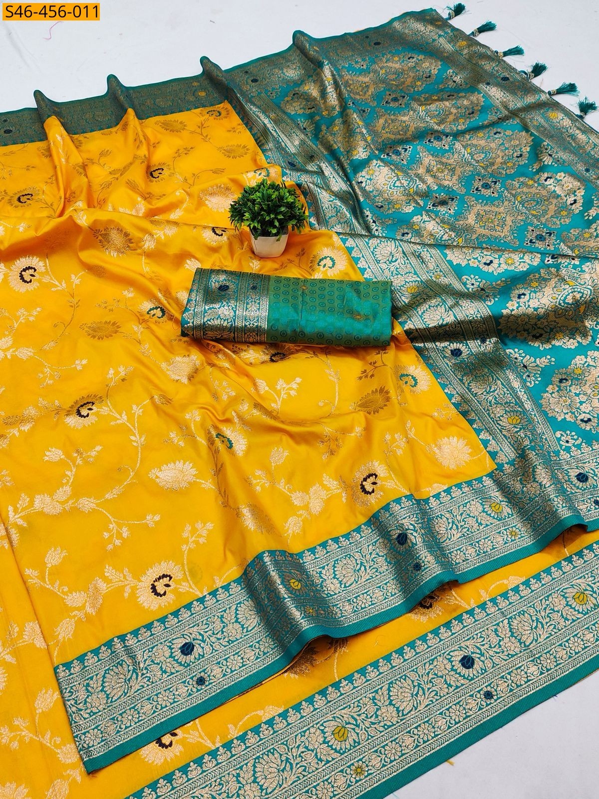 Yellow Fancy Soft Banarasi silk saree