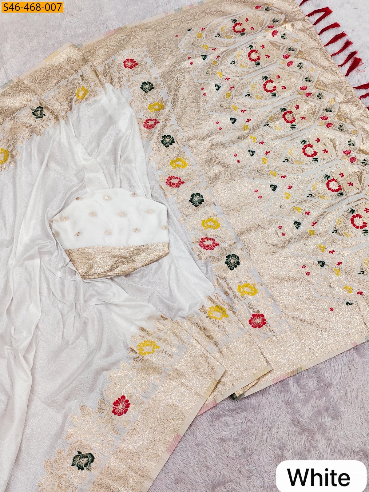 White Fancy Soft Dola silk Gala saree