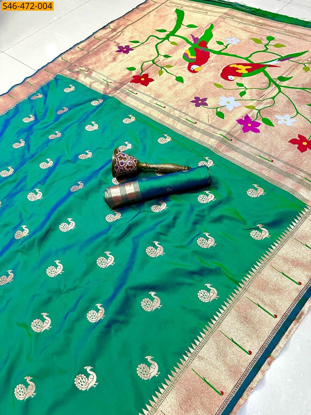 Peacock green Fancy Paithani silk saree