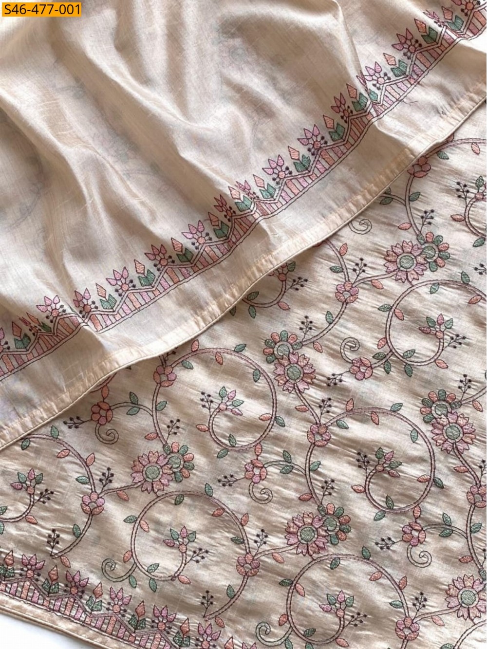 Half white Loom tussar embroidery saree Half white Loom tussar embroidery saree
