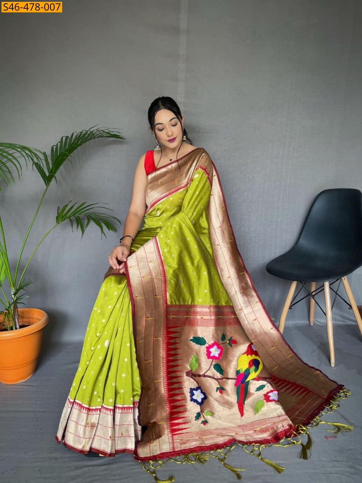 Parrot green Fancy Paithani Silk Saree