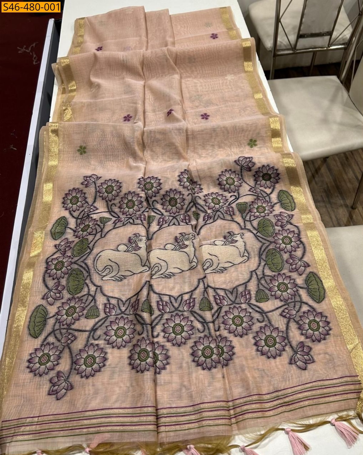 Onion pink Fancy Soft Muga Cotton Saree