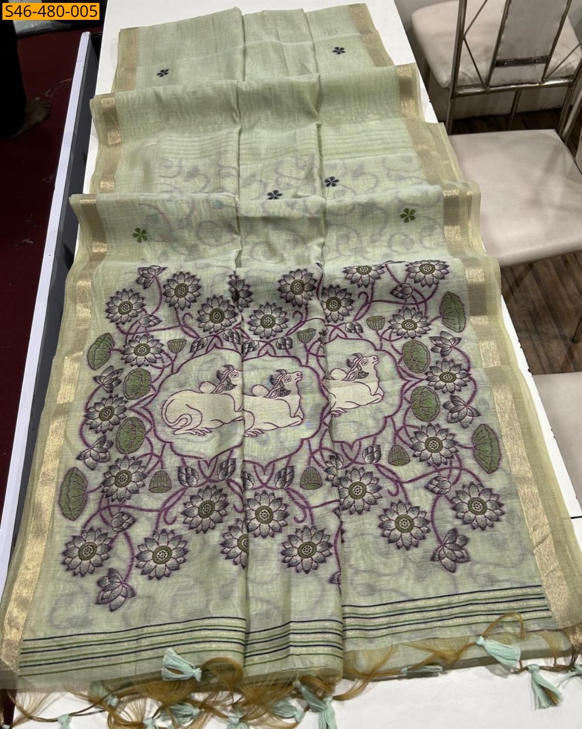 Pista green Fancy Soft Muga Cotton Saree