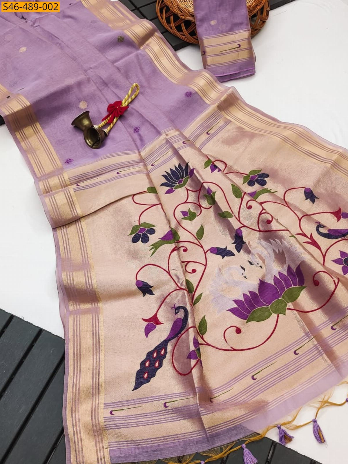 Lavender Fancy Muga Cotton Paithani Sarees