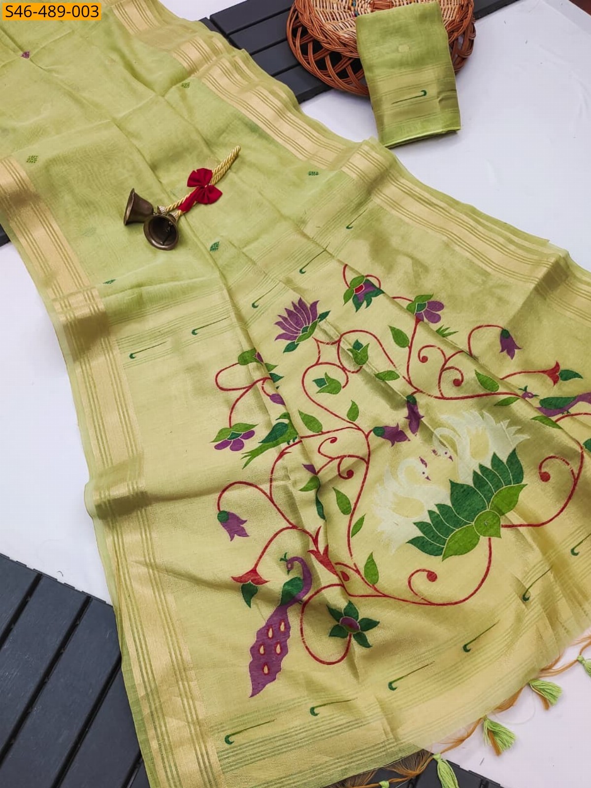 Green Fancy Muga Cotton Paithani Sarees