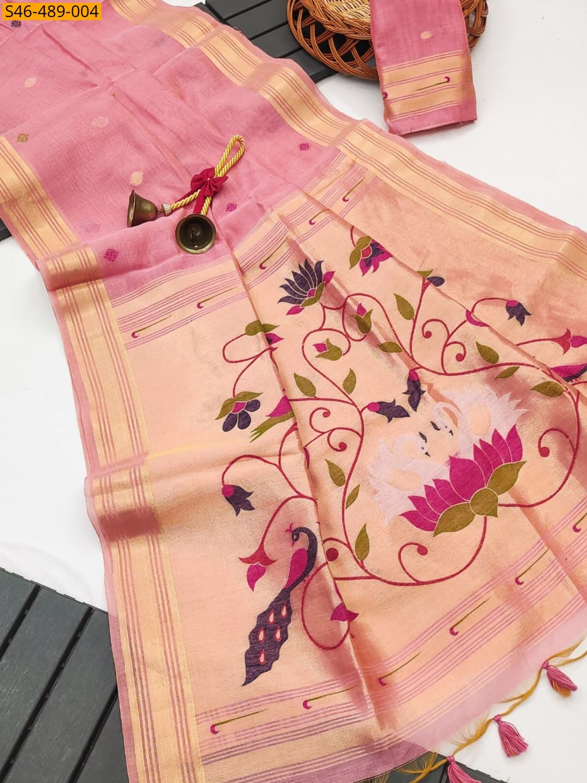 Pink Fancy Muga Cotton Paithani Sarees