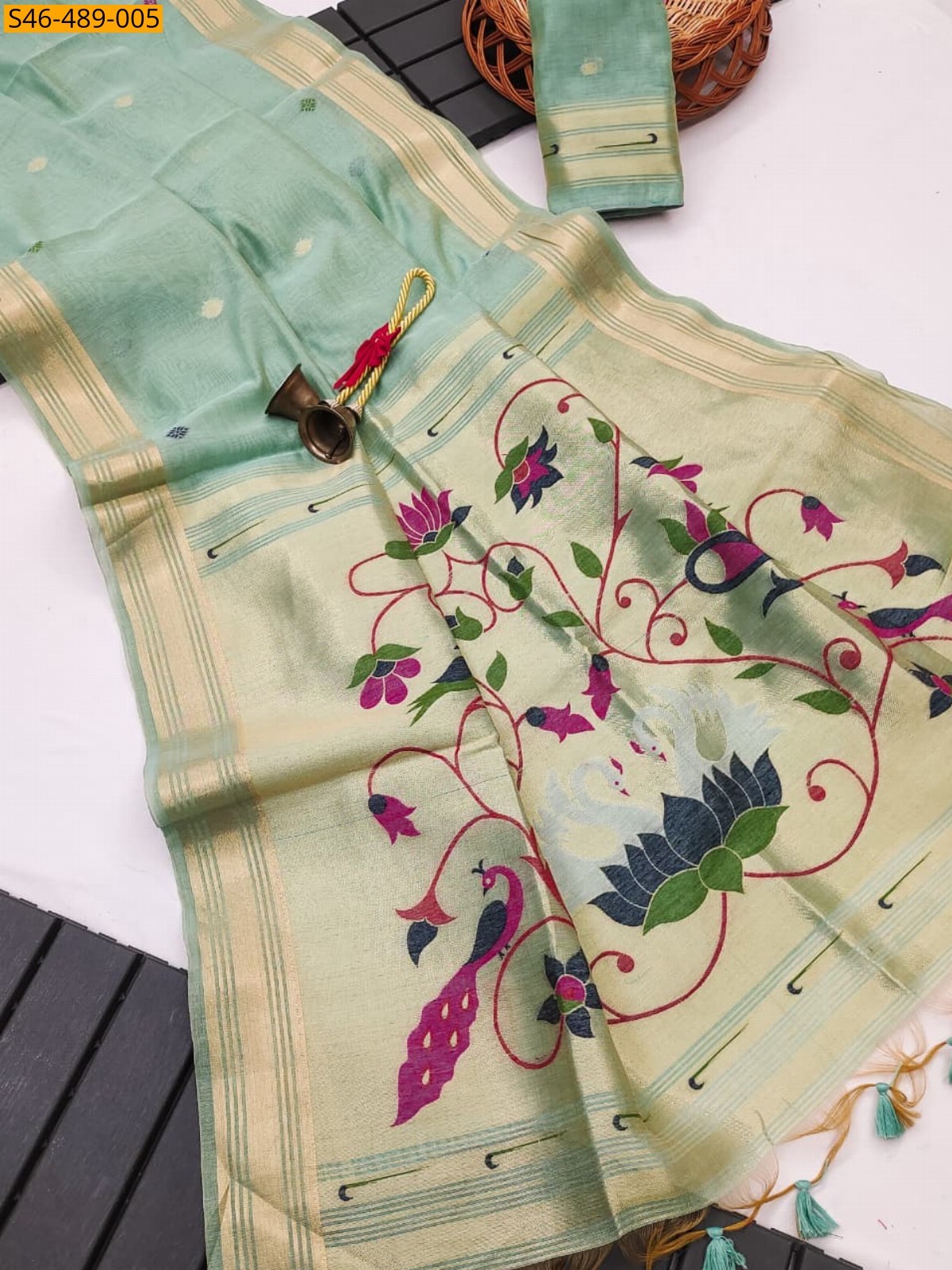 Pista green Fancy Muga Cotton Paithani Sarees