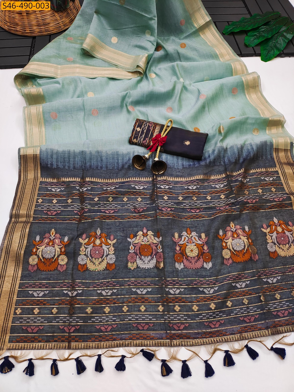 Green Fancy Muga Cotton Sarees