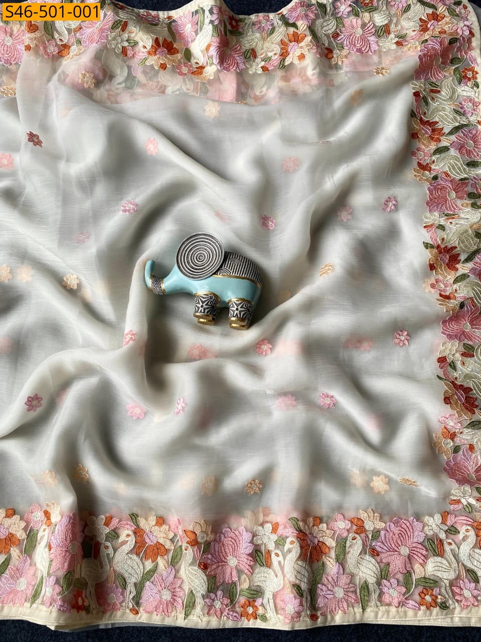 White Embroidery Chiffon saree 