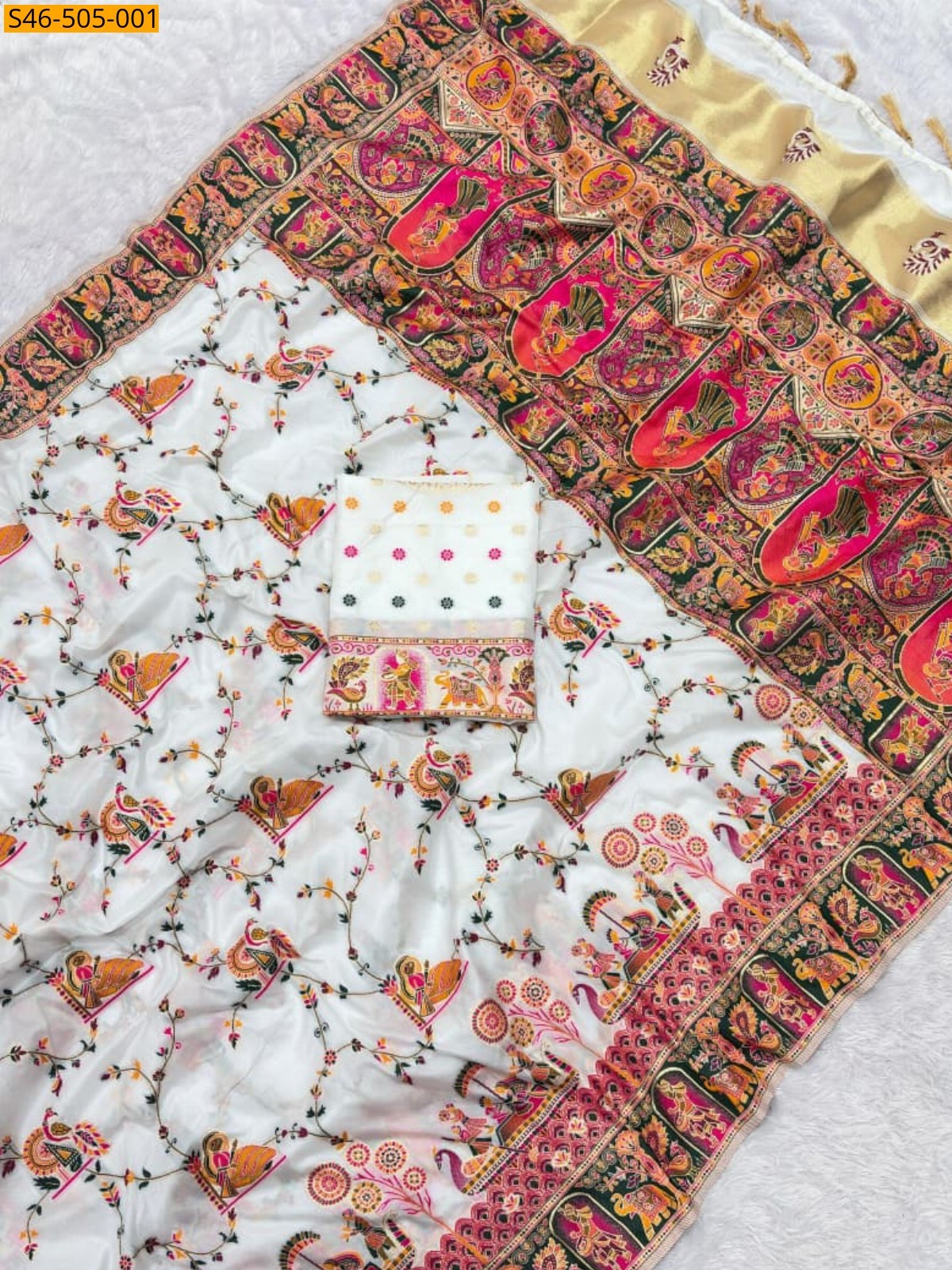 White Rajwadi viscose pashmina silk saree 