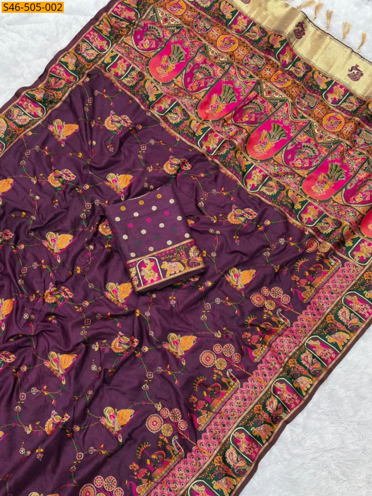 Wine Rajwadi viscose pashmina silk saree 